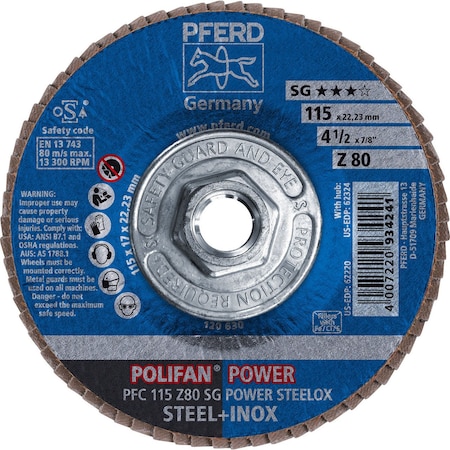 Pferd 62324 4-1/2in x 5/8-11 POLIFAN Flap Disc - Conical SG Zirconia 80G 62324-PFERD